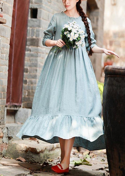 Modern Light Blue Tunic Dress O Neck Ruffles Long Spring Dresses