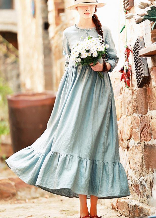 Modern Light Blue Tunic Dress O Neck Ruffles Long Spring Dresses