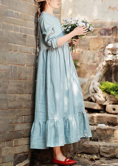Modern Light Blue Tunic Dress O Neck Ruffles Long Spring Dresses