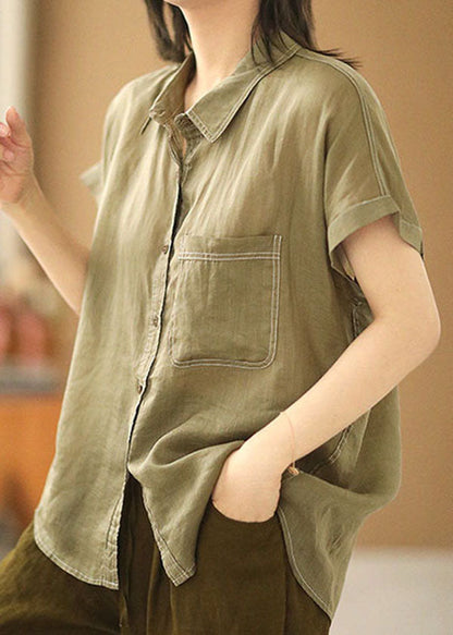Modern Light Green Peter Pan Collar Pocket Color Blouses Short Sleeve