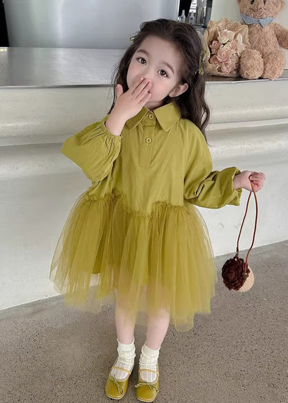 Modern Light Green Peter Pan Collar Tulle Patchwork Long Dress Long Sleeve