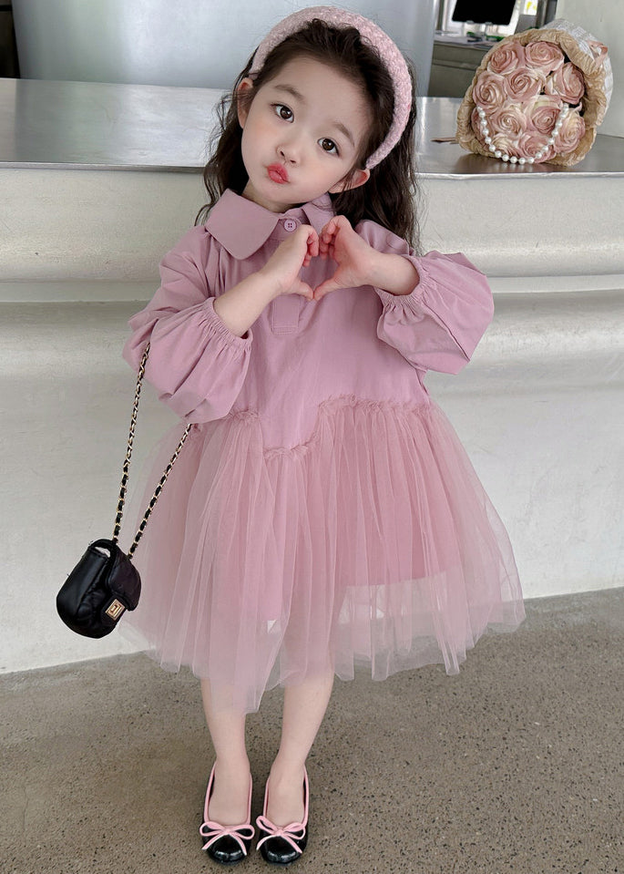 Modern Light Green Peter Pan Collar Tulle Patchwork Long Dress Long Sleeve
