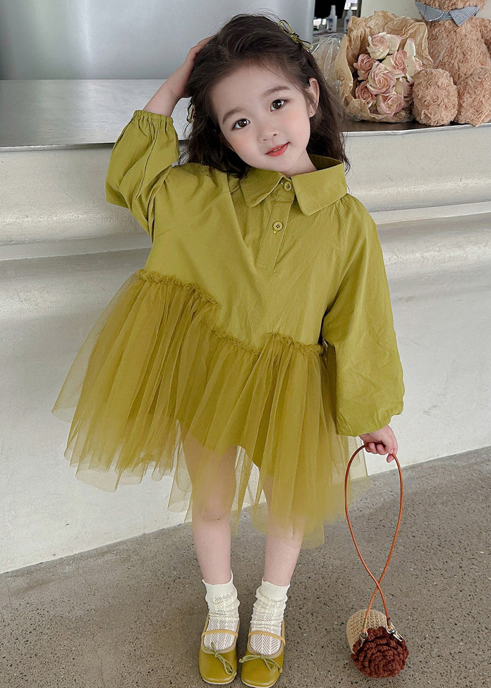 Modern Light Green Peter Pan Collar Tulle Patchwork Long Dress Long Sleeve