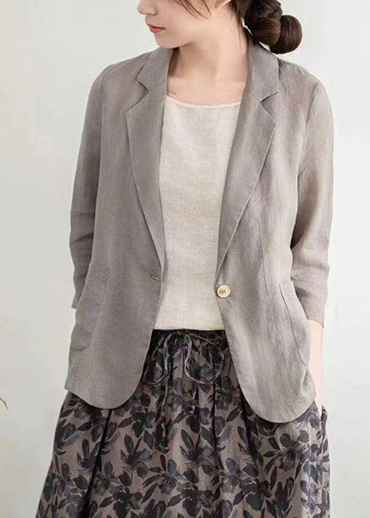 Modern Light Grey Notched Patchwork Linen Coats Half Sleeve