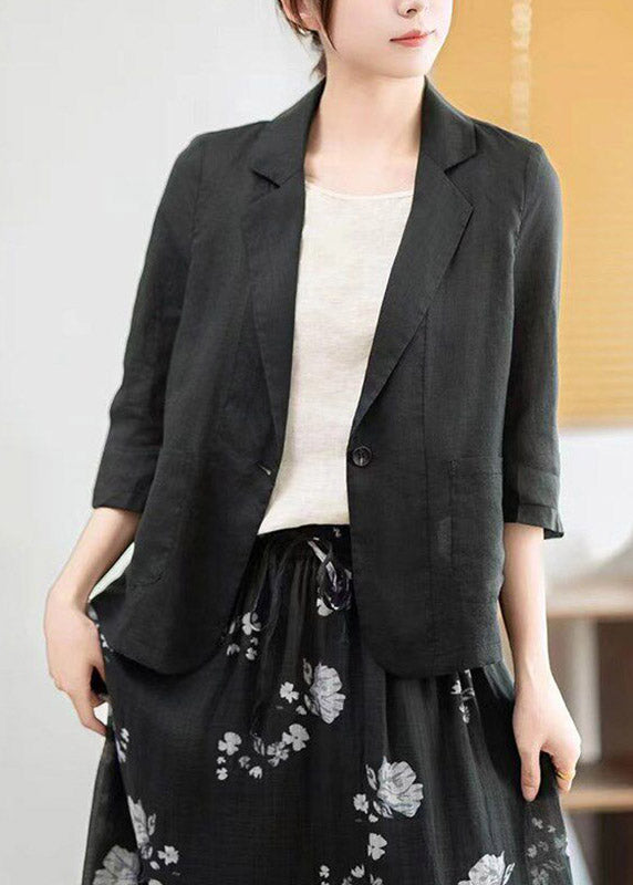 Modern Light Grey Notched Patchwork Linen Coats Half Sleeve