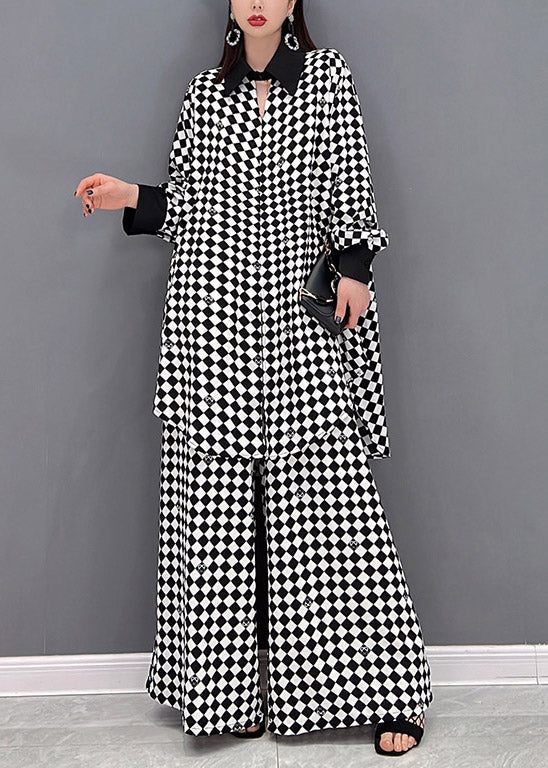 Modern Light Grey Peter Pan Collar Patchwork Chiffon Shirts and Wide Leg Pants Two Piece Suit Set Long Sleeve