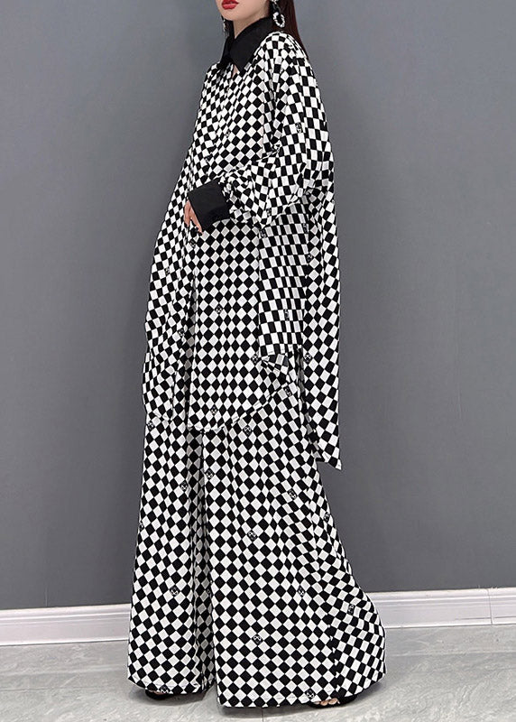 Modern Light Grey Peter Pan Collar Patchwork Chiffon Shirts and Wide Leg Pants Two Piece Suit Set Long Sleeve