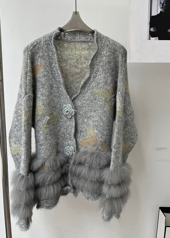 Modern Light Grey V Neck Fur Cotton Knit Cardigans Spring