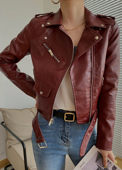 Modern Mulberry Peter Pan Collar Patchwork Faux Leather Jackets Fall