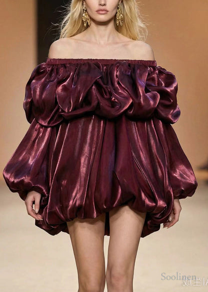 Modern Mulberry Puff Sleeve Wrinkled Silk Tea Dress