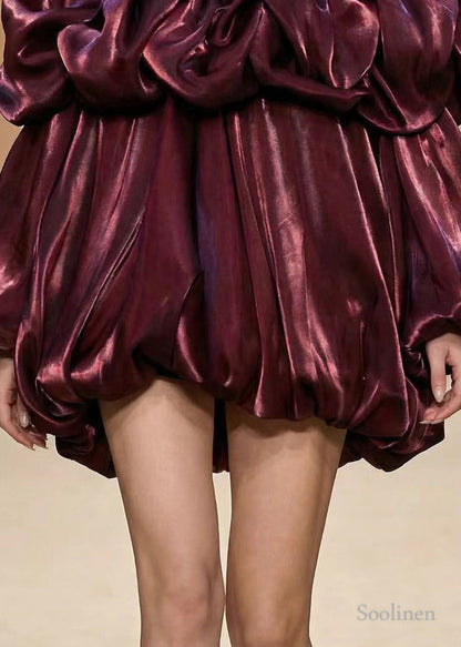 Modern Mulberry Puff Sleeve Wrinkled Silk Tea Dress