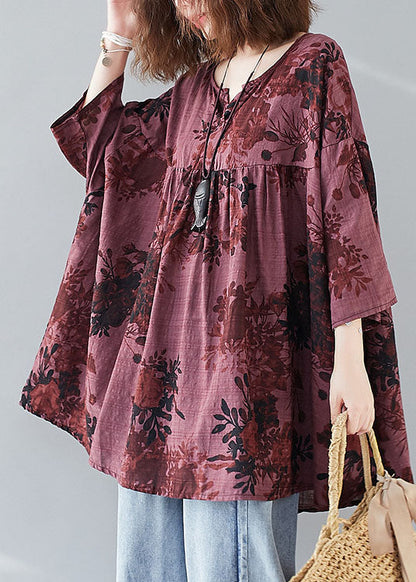 Modern Mulberry V Neck Patchwork Print Fall Tops Three Quarter Sleeve