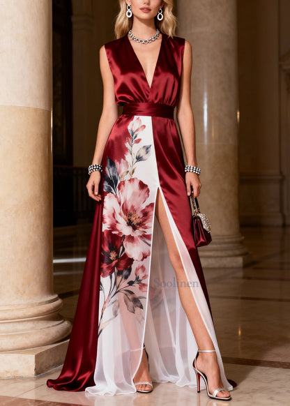 Modern Mulberry V Neck Patchwork Side Open Silk Party Dress Sleeveless
