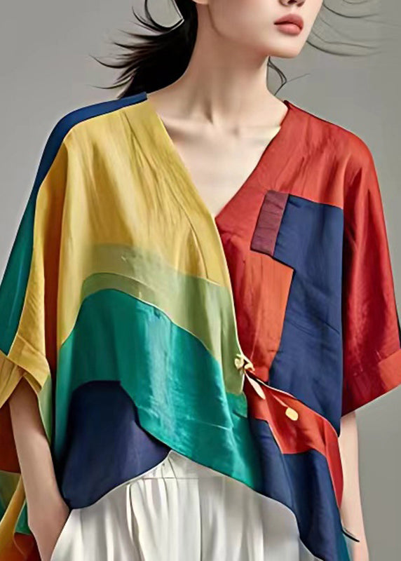 Modern Multicolor V Neck Patchwork Low High Design Long Top Short Sleeve