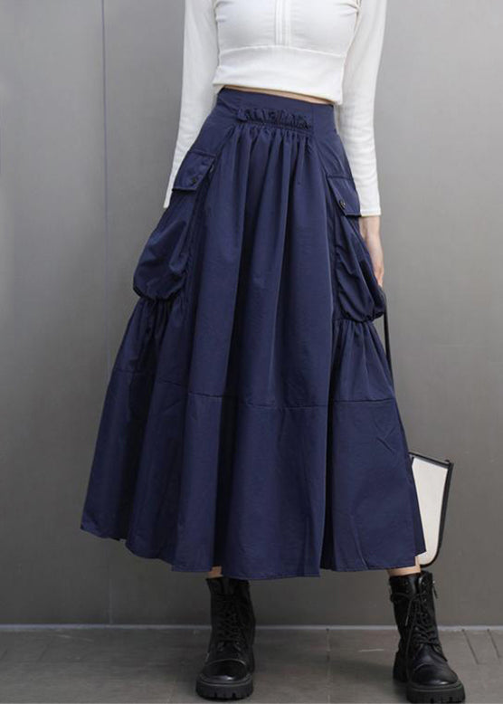 Modern Navy Asymmetrical Pockets Patchwork Elastic Waist a Line Skirts Spring