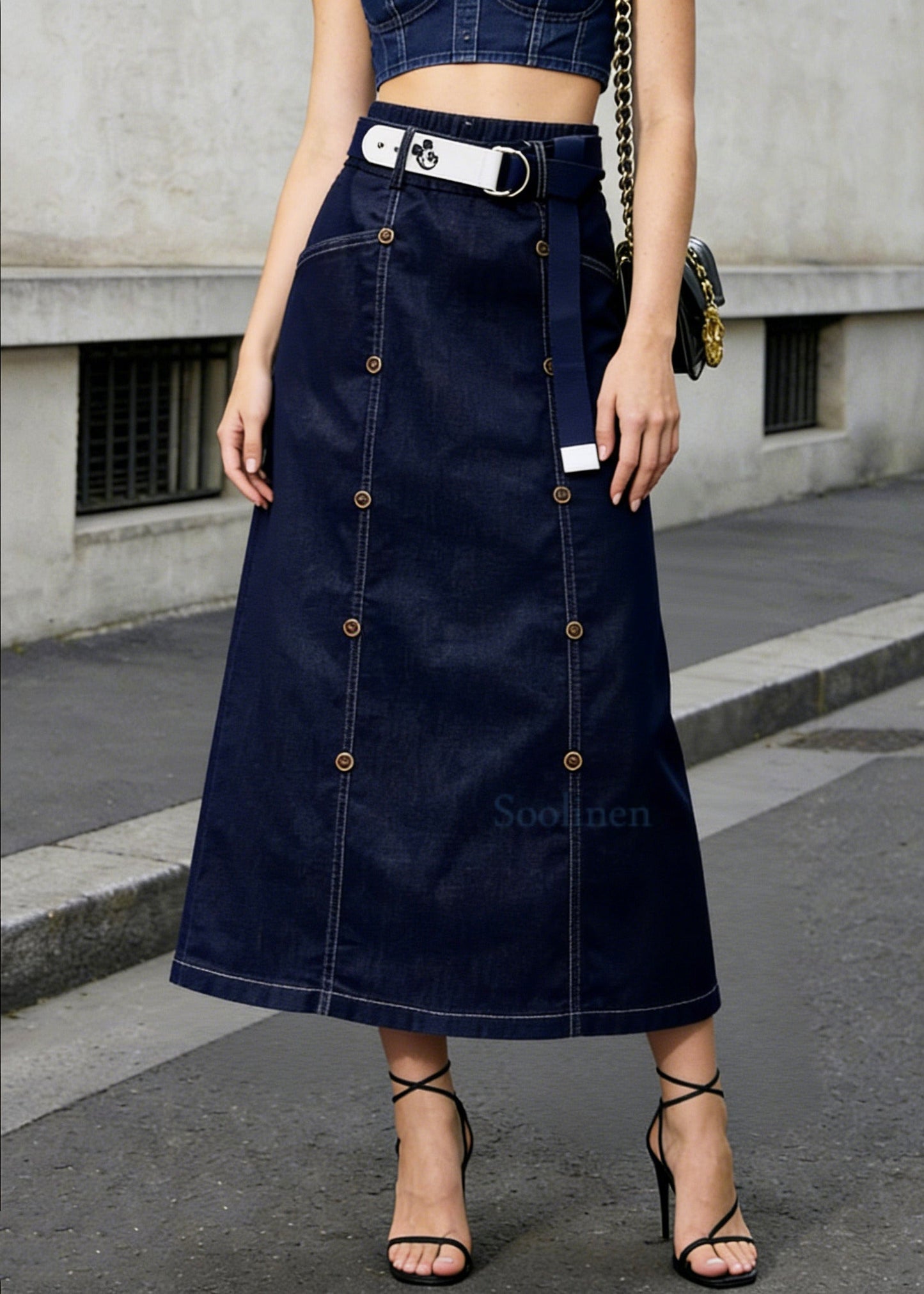 Modern Navy Double Breast Denim a Line Skirt Summer