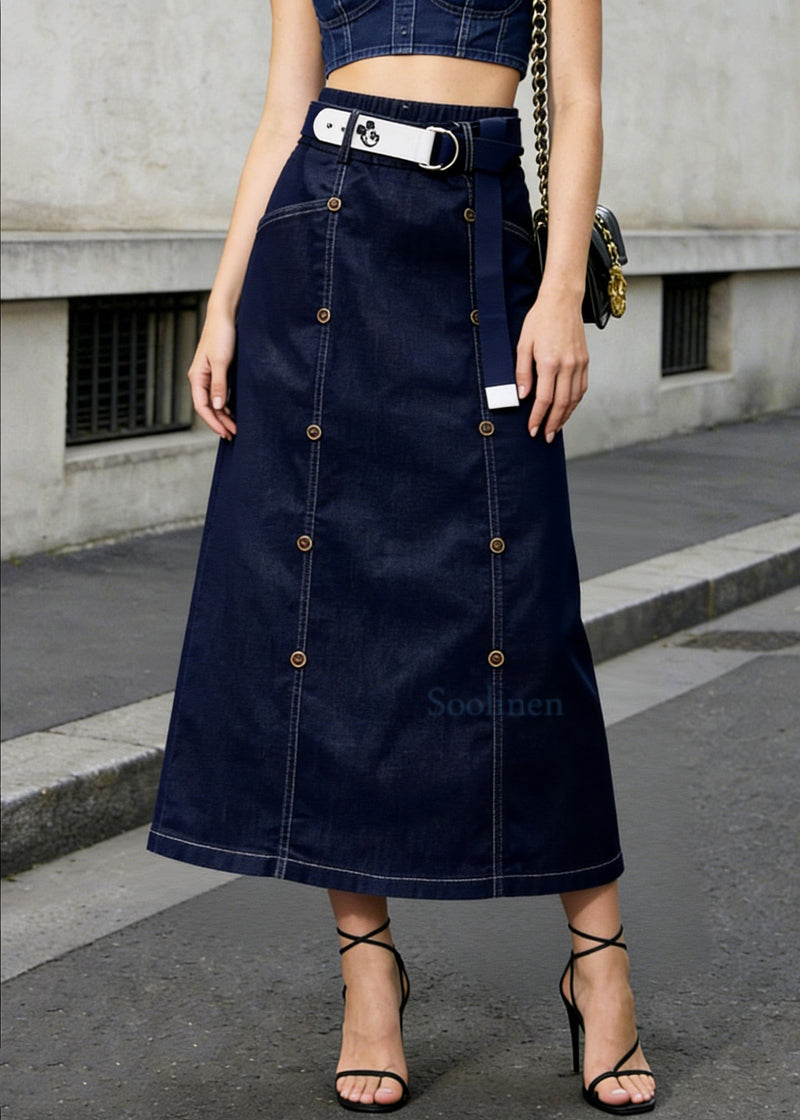 Modern Navy Double Breast Denim a Line Skirt Summer
