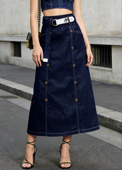 Modern Navy Double Breast Denim a Line Skirt Summer