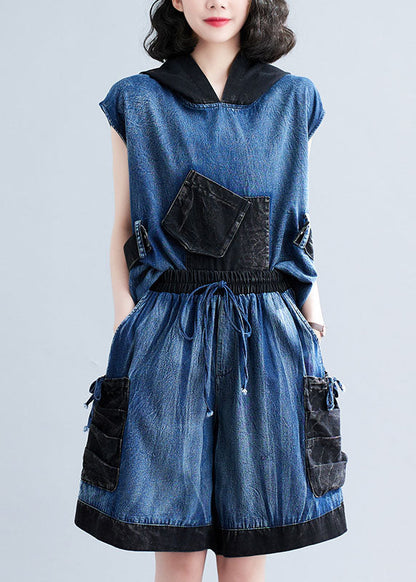 Modern Navy Hooded Pockets Tops and Pants Denim Two Pieces Set Summer