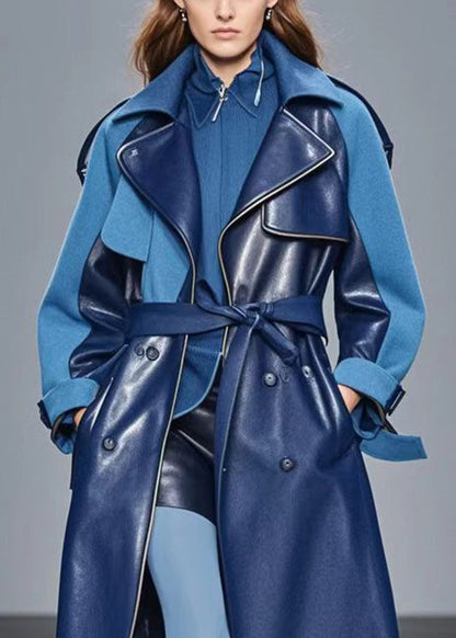 Modern Navy Oversized Patchwork Woolen Faux Leather Trench Fall