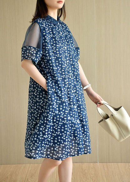 Modern Navy Peter Pan Collar Button Patchwork Tulle Summer Dresses Short Sleeve