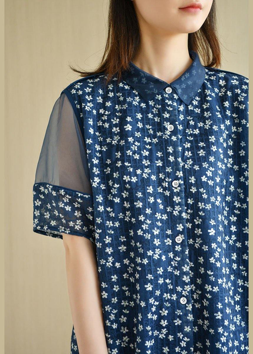 Modern Navy Peter Pan Collar Button Patchwork Tulle Summer Dresses Short Sleeve
