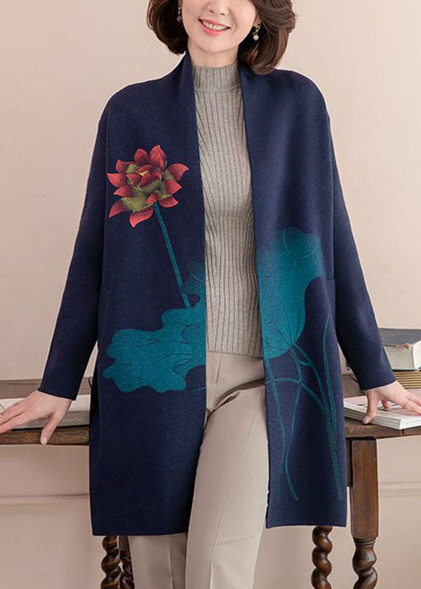 Modern Navy Pockets Print Woolen Cardigans Long Sleeve