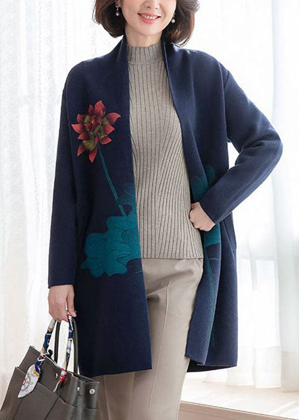 Modern Navy Pockets Print Woolen Cardigans Long Sleeve