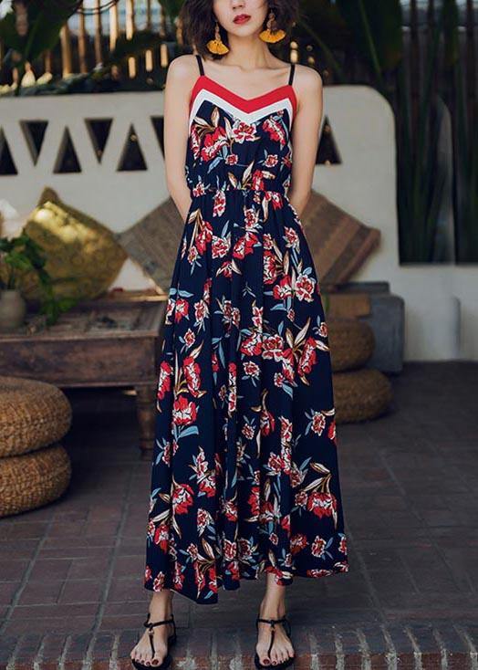 Modern Navy Print Backless Cotton Maxi Dresses