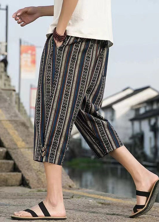 Modern Navy Striped Print Pockets Cotton Crop Pants Summer