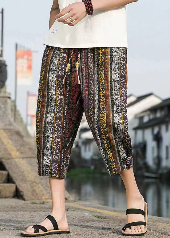 Modern Navy Striped Print Pockets Cotton Crop Pants Summer