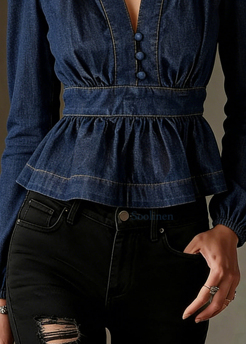 Modern Navy V Neck Silm Fit Denim Shirt Top Spring