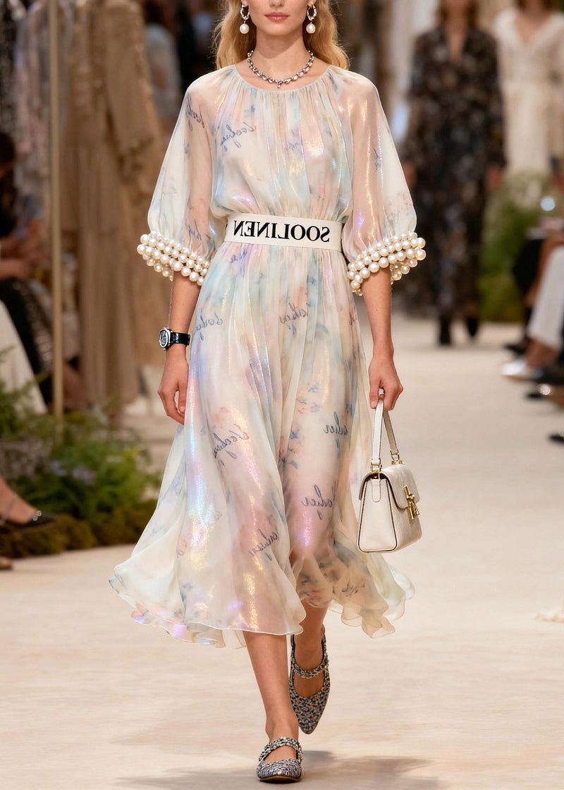 Modern O-neck Nail Bead Print Silk Long Dress Half Sleeve