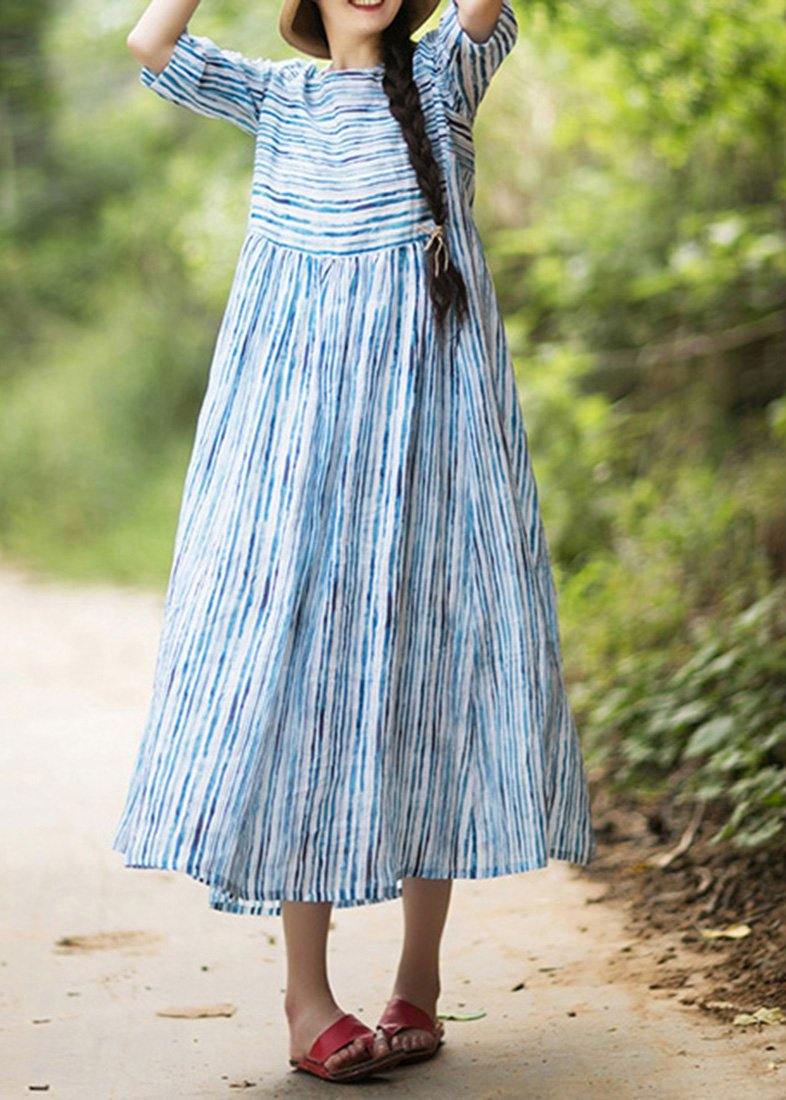Modern O Neck Patchwork Summer Dress Sewing Blue Striped Maxi Dresses