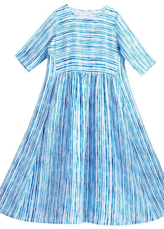 Modern O Neck Patchwork Summer Dress Sewing Blue Striped Maxi Dresses