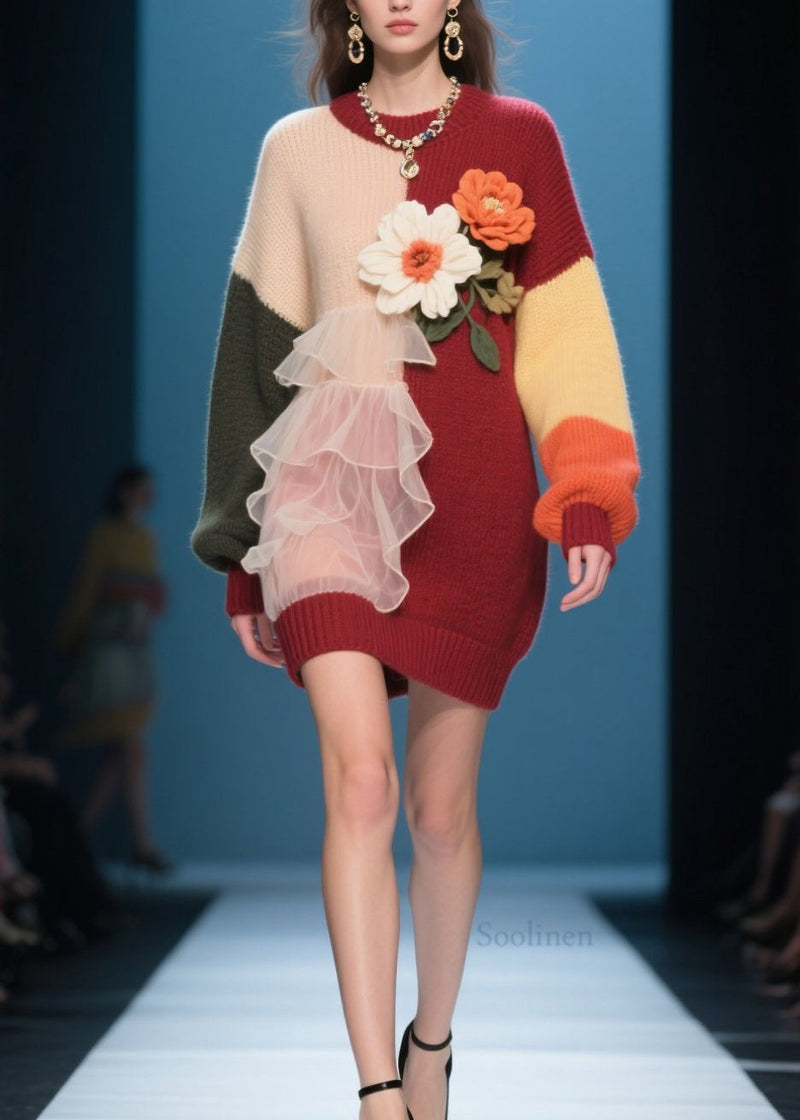 Modern O-neck Ruffled Knit Long Knit Dress Winter