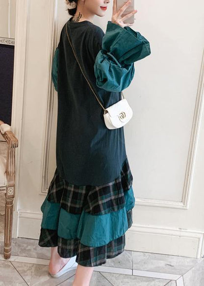 Modern O Neck Ruffles Spring Tunic Pattern Work Outfits Green Letter Dresses