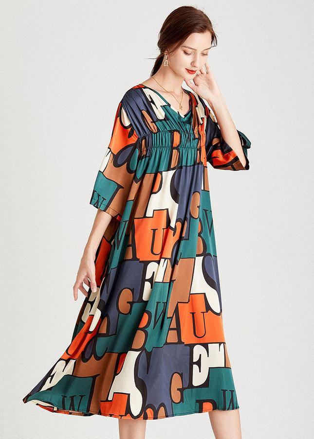 Modern Orange Green Print V Neck Summer Holiday Dress Half Sleeve