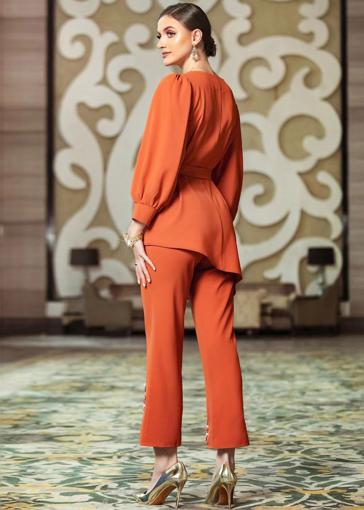 Modern Orange O-neck Asymmetrical Top and Crop Pants Two Piece Set Fall