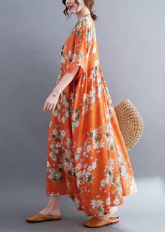 Modern Orange O-neck Patchwork Wrinkled Cotton Maxi Dress Half Sleeve