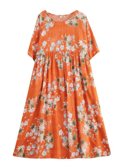 Modern Orange O-neck Patchwork Wrinkled Cotton Maxi Dress Half Sleeve