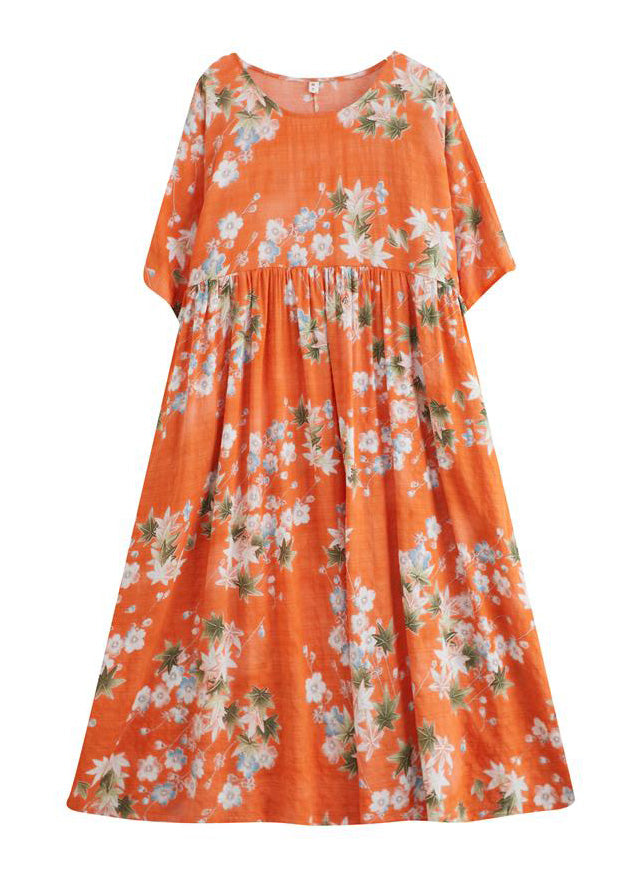 Modern Orange O-neck Patchwork Wrinkled Cotton Maxi Dress Half Sleeve