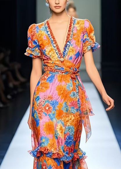 Modern Orange Ruffled Print Chiffon Long Dress Summer