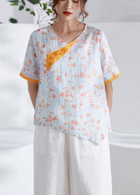 Modern Orange V-neck Patchwork Print Summer Ramie Top
