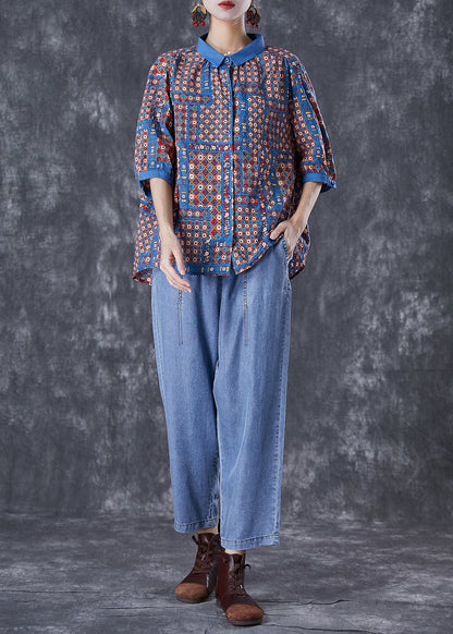 Modern Oversized Print Cotton Shirts and Denim Pants Two Pieces Set Summer