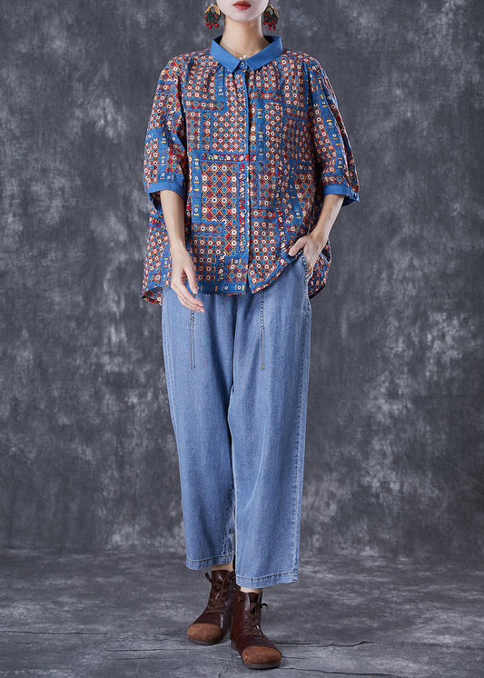 Modern Oversized Print Cotton Shirts and Denim Pants Two Pieces Set Summer