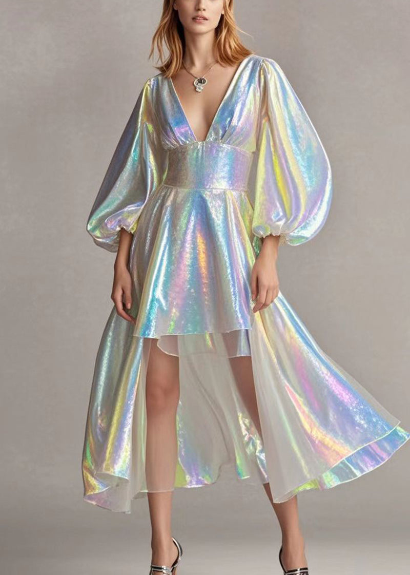 Modern Pearl White Deep-v Neck Low High Design Sequins Dresses Lantern Sleeve
