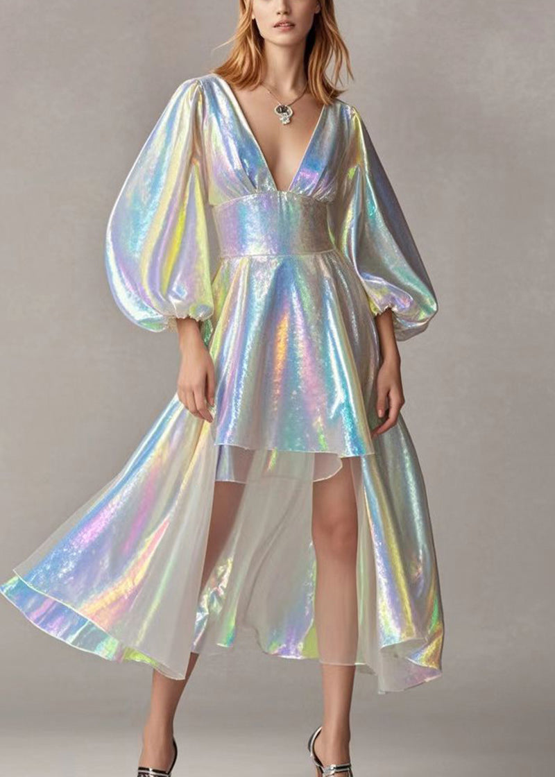 Modern Pearl White Deep-v Neck Low High Design Sequins Dresses Lantern Sleeve