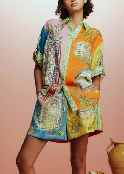 Modern Peter Pan Collar Button Shirts and Shorts Two-piece Set Summer