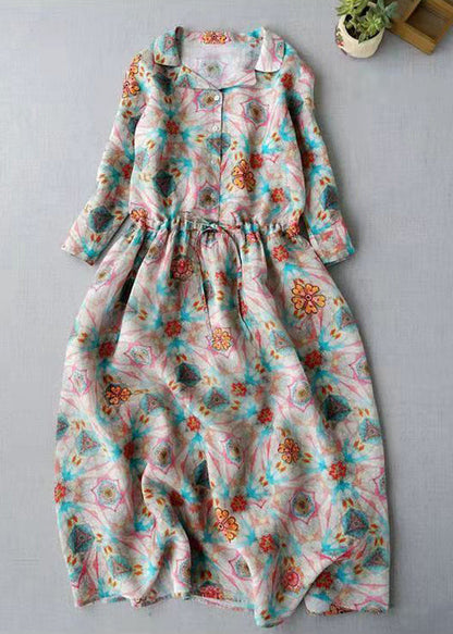 Modern Peter Pan Collar Drawstring Button Print Linen Dress Three Quarter Sleeve